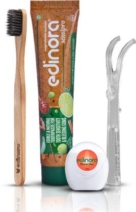Edinora Sensipro90g, 25m PTFE waxed Dental Floss, Floss Holder, Neemwood soft toothbrush Toothpaste