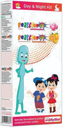 PEDIFLOR Kidz Day & Night Kit with Buddy Toothbrush | Bubblegum & Natural Orange flavour Toothpaste