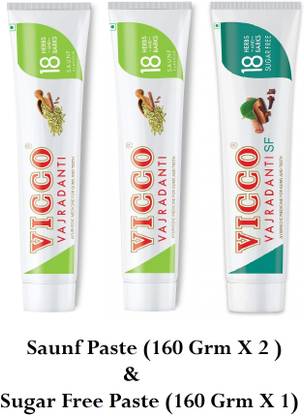 VICCO SAUNF FLAVOR PASTE (160 GRM X 2) + SUGAR FREE FLAVOR PASTE (160 GRM X 1) Toothpaste