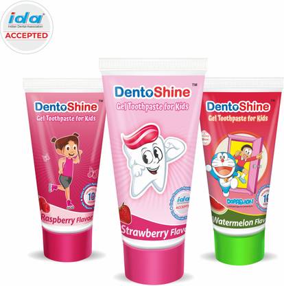 Dentoshine Gel Toothpaste for Kids - Pack of 3 Flavors (Strawberry, Watermelon & Raspberry, 80 g each) Toothpaste