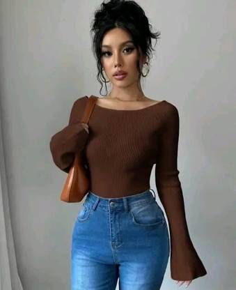 Cuetext Casual Self Design Women Brown Top