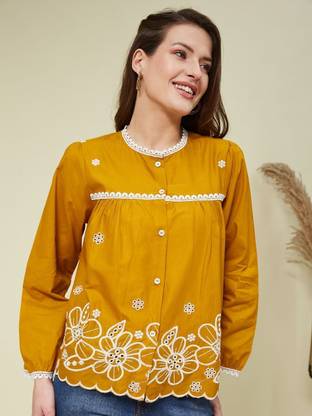 J TURRITOPSIS Casual Embroidered Women Yellow Top
