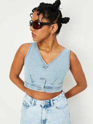 MAX Casual Solid Women Light Blue Top