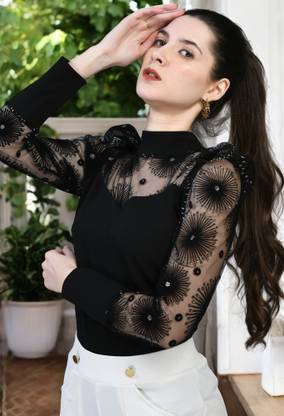 METRONAUT Casual Self Design Women Black Top