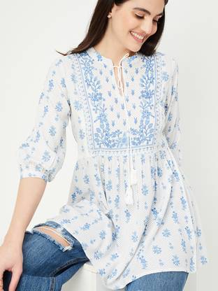 MAX Casual Printed, Embroidered Women Beige Top