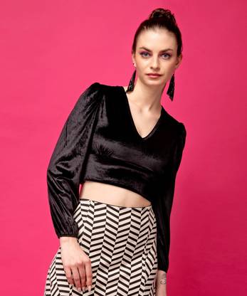 POPWINGS Casual Solid Women Black Top