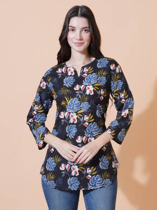 FebQ Party Printed Women Black Top