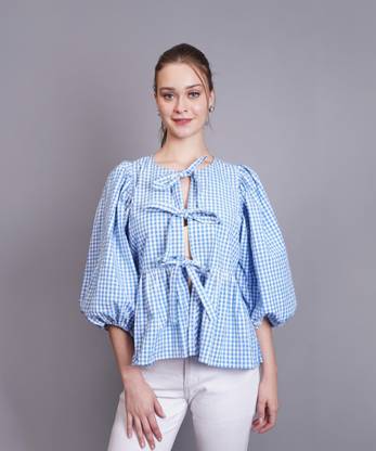 NUEVOSDAMAS Party Checkered Women Blue, White Top
