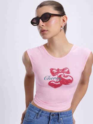Glitchez Casual Printed Women Pink Top