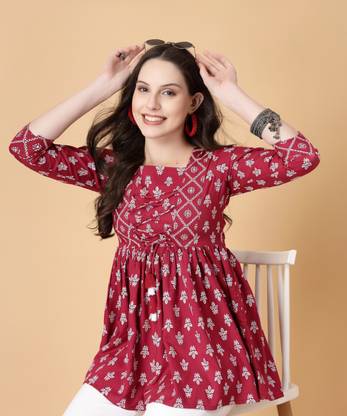 God Bless Casual Printed Women Red Top