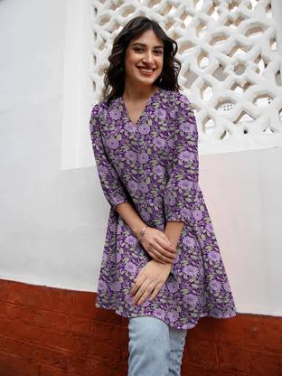 Janasya Casual Printed, Floral Print Women Purple Top