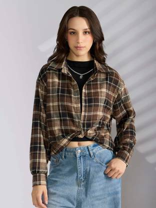 SHOWOFFFF Casual Checkered Women Brown Top
