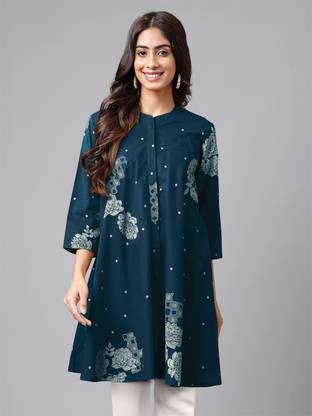 Janasya Casual Floral Print Women Blue Top