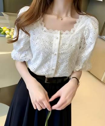 PERFETTE WOLLO Casual Embroidered Women White Top