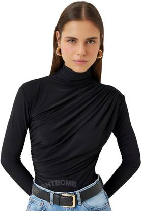 SIGHTBOMB Party Solid Women Black Top