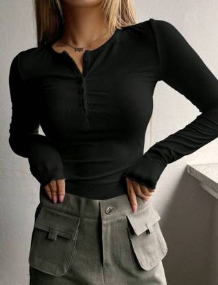 PERFETTE WOLLO Casual Solid Women Black Top