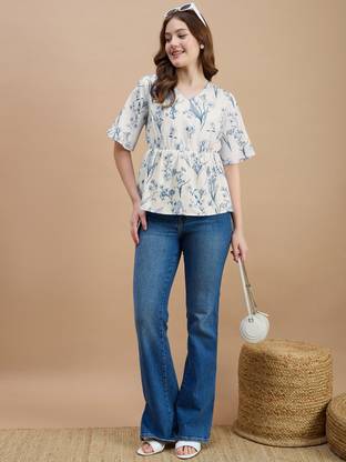 ZUMMER Casual Printed Women White, Blue Top