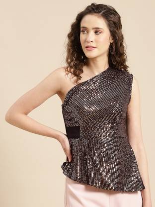 WoowZerZ Party Embellished Women Brown Top