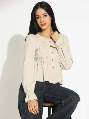SHOWOFFFF Casual Solid Women Beige Top