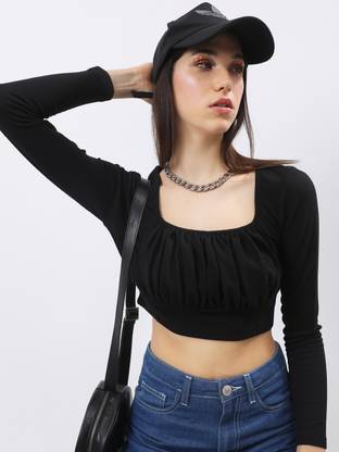 Tokyo Talkies Casual Self Design Women Black Top