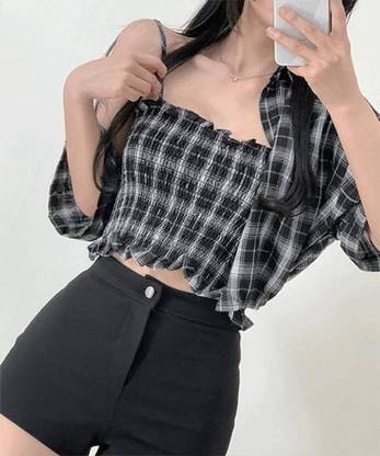 Arham Casual Checkered Women Black Top