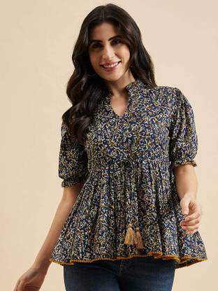 SANTOLIYA Casual Floral Print Women Blue Top