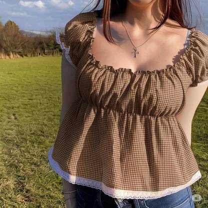 QUINTESSENTIALS Casual Checkered Women Brown Top
