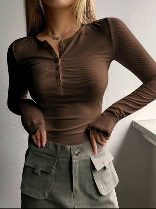 PERFETTE WOLLO Casual Solid Women Brown Top