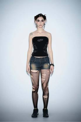 Bonkers Corner Casual Embroidered, Self Design Women Black Top