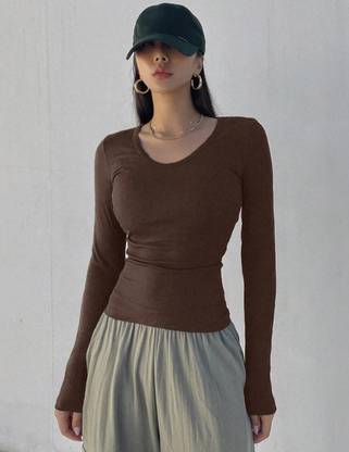 PERFETTE WOLLO Casual Solid Women Brown Top