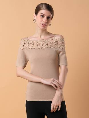 SHOWOFFFF Casual Solid Women Beige Top