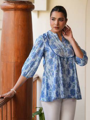 Janasya Casual Floral Print Women Blue Top