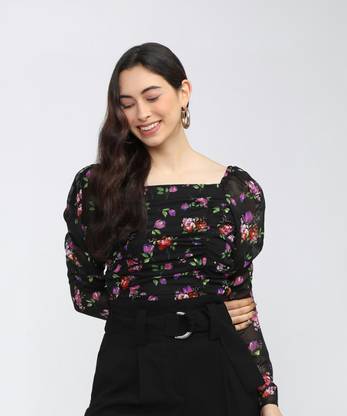Tokyo Talkies Casual Self Design Women Black Top