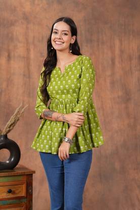 Shions Casual Printed Women Green Top