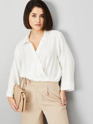 MAX Casual Solid Women Beige Top