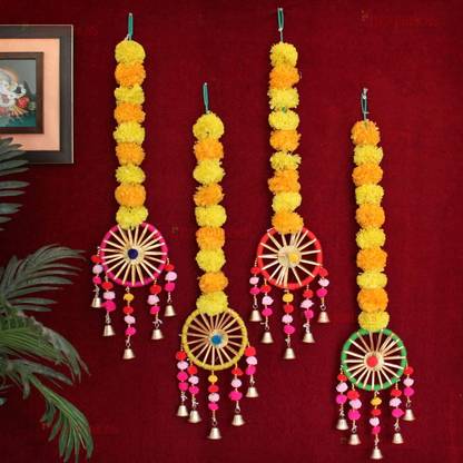 GRAYSEE Handmade Artificial 4pc Flowers Marigold Fluffy Ring Bell Flowers Hanging Latkan Toran
