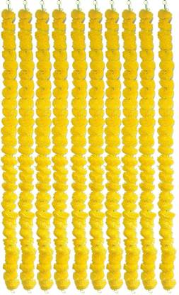 Caneuf Genda Phool Artificial Marigold Fluffy Flower Mala Pack of 10 (yellow) Toran
