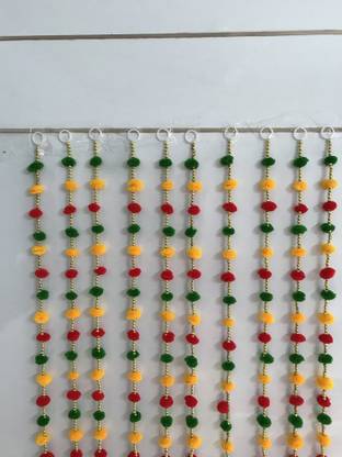 Anicca Collections Handmade Wall Door 3 ft.Strings Red Yellow Green Hanging Pom Pom Torans Garland Bandhwar with Golden Bells - Decoration Item for Home Décor Diwali Festival, Navratri, Wedding (3 FT, 5 Strings) Toran