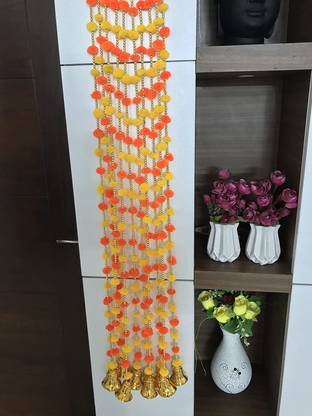 BLISSBURRY Pom Pom door hanging torans/Wall hangings/Latkans for Decoration Approx 4 ft- Pack of 10 Strings with golden hanging bells Toran