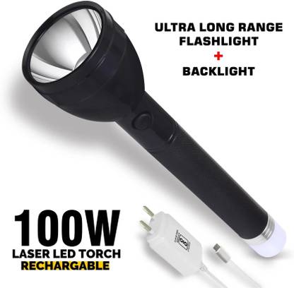 FIRSTLIKE Two In One Litium Battery Long Range Led torch with Back Light Emergency Light Torch