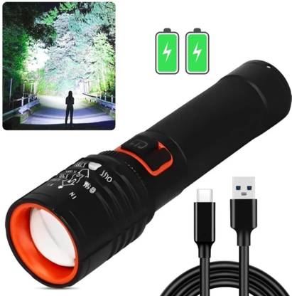 dhriyag Focus Zoom Torch, 5-Light Modes with Red & Blue Blinker, Rainproof, Rechargeable Torch