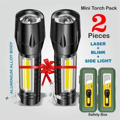 UNZAG (Pack Of 2) R911(Led Rechargeable Metal Torch) 3 Modes, Usb Charging Mini Torch