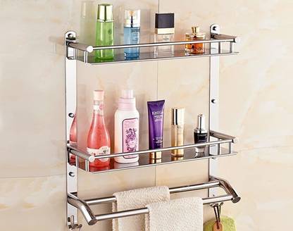 VANSI by VANSI Multipurpose Double Shelf 3 Tier Bathroom Shelf/Towel Rack/Holder/Hanger/Hooks Silver Towel Holder