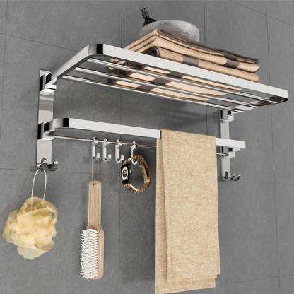 GLOXY by GLOXY 24 Inches Folding Rack for Bathroom Stand Hanger Silver Towel Holder