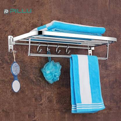Pillu by Pillu Bath Fitting Eco 24 inch Stainless Steel Folding Towel Rack with Hooks (Chrome) SILVER Towel Holder
