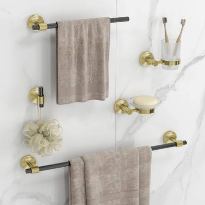 Plantex Bathroom Set/Soap Dish/Tumbler Holder/Towel Rod/Napkin Holder/Robe Hook-Set of 5 Black, Gold Towel Holder