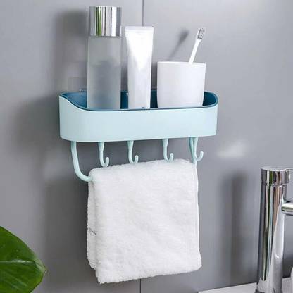 Epsilon Plastic Shelf Wall Storage Rack with Magic Sticker Towel Holder with 4 Hooks Plastic Wall Shelf