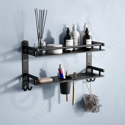 GLOXY by GLOXY 2 Layer Multipurpose Shelf with Double Soap Dish & Toothbrush/toothpaste holder BLACK Towel Holder