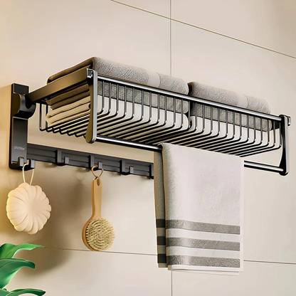 Plantex Aluminium Towel Rack/Towel Rod/Towel Hangar with Hooks/Bathroom Organizer (961) Black Towel Holder