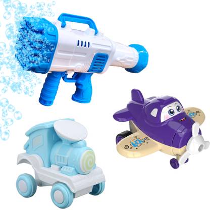Toy DEKHO Combo Super Socket Blue Bubble Gun Roll Stunt Train & Deform Robot Plane 3+ Toy Bubble Maker